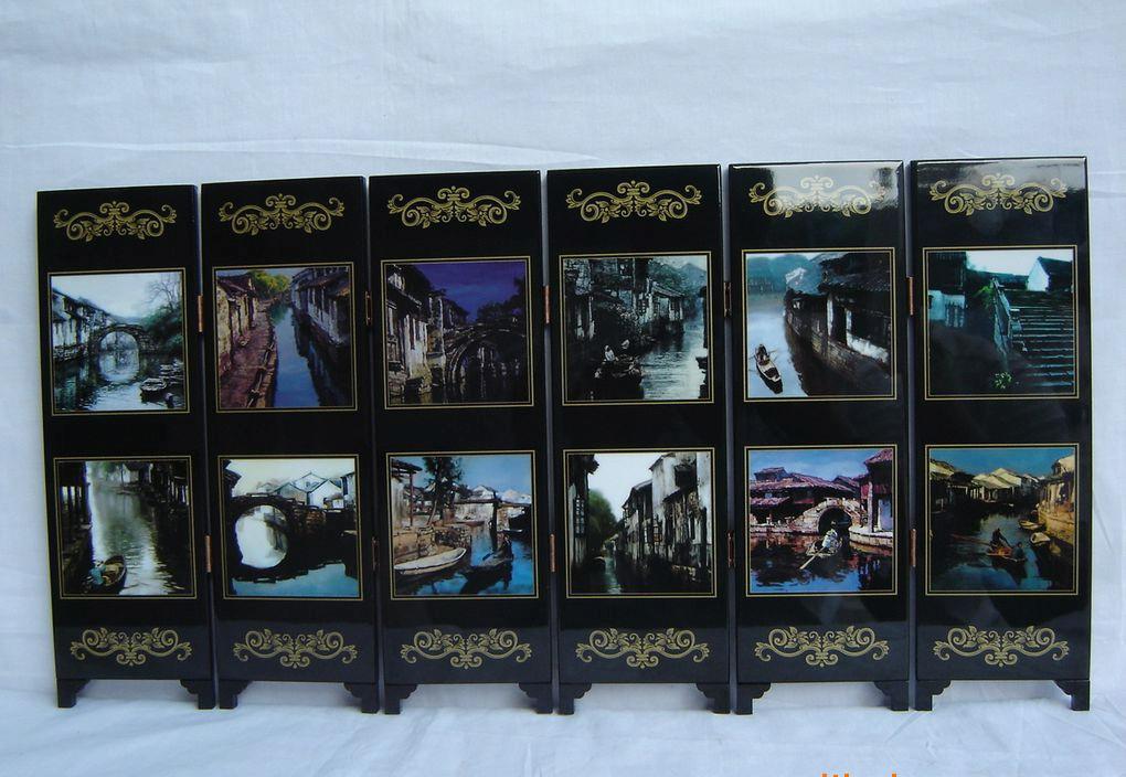 廠家批量漆器小屏風:水鄉圖、中國特色工藝品、家居裝飾品